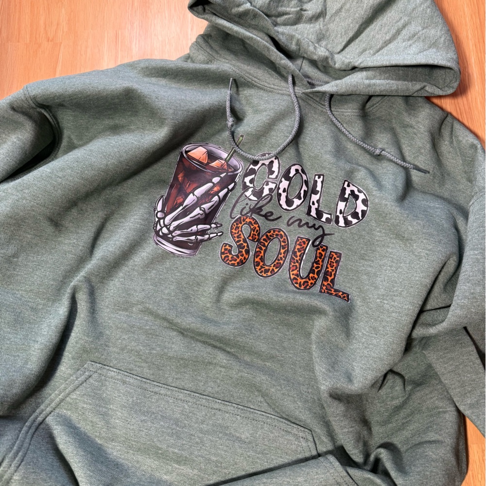 Heather Green Graphic Hoodie XL Skeleton Design Iced Coffee Cold Like My Soul